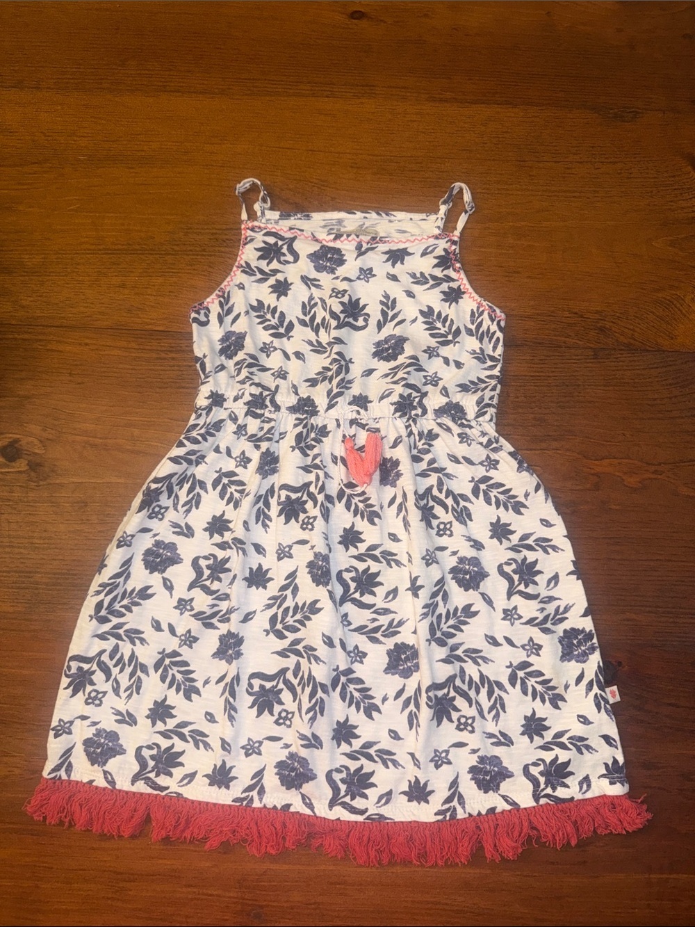 Lucky Brand White Dress with Navy Floral Print and Coral Trim